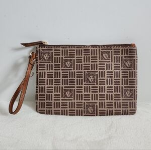 Anne Klein AK Brown Tan Tile Lion Logo Clutch Handbag Wristlet